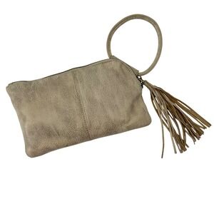HOBO Textured Leather Clutch Wristlet with Tassel Ring Handle Taupe